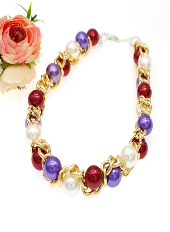 CIOOU Pearl Choker Necklace For Women Large Chunky Bib Simulated Pearl Strand Statement Necklace Big Beaded Pearl Costume Jewelry (Burgundy purple with pearl with link) - Image 4
